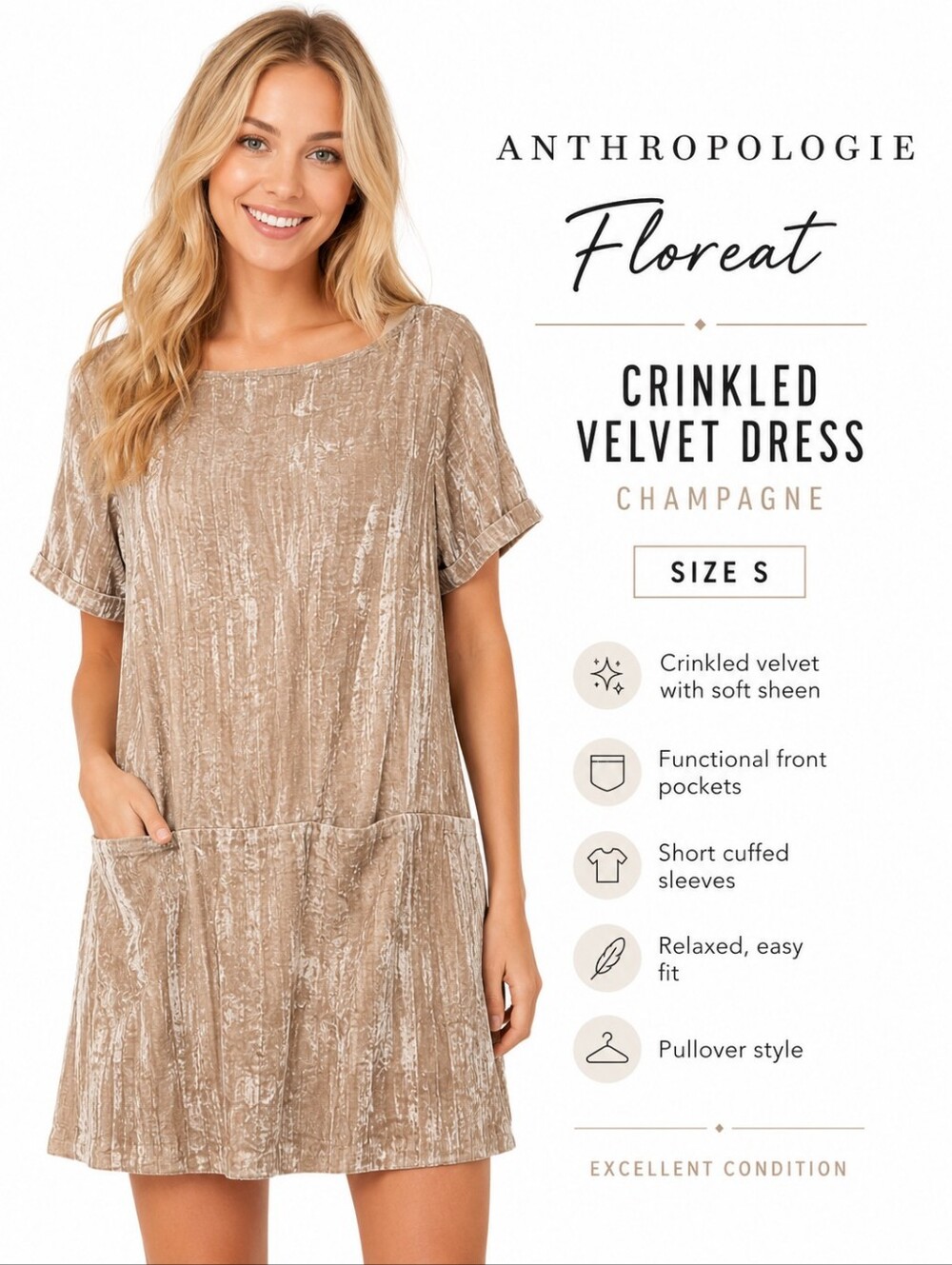 Anthropologie Floreat Crinkled Velvet Dress – Champagne | Size S